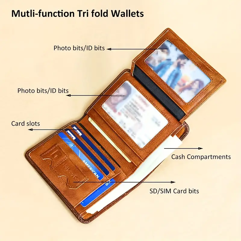 Vintage Genuine Leather RFID Blocking Wallet for Men Tri-fold Wallet