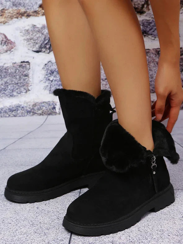 Women Winter Ankle Snow Boots Zipper Fluffy Trim Lined