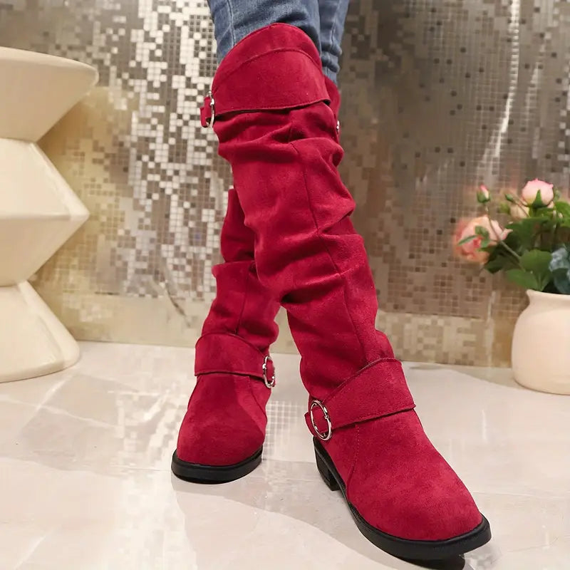 🎄Last day 49% Off❤️ Women's Solid Color Trendy Boots, Buckle Belt Pull On Chunky Heel High Knee Boots, Winter Round Toe Slouchy Boots