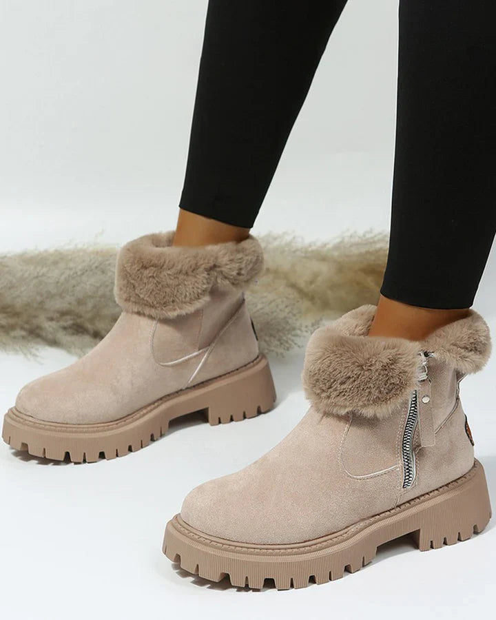 Women Winter Ankle Snow Boots Zipper Fluffy Trim Lined