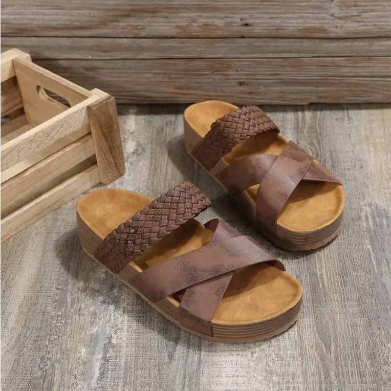 Women Orthopedic Sandals Thick Bottom Braided Cross Casual Solid Color Slippers Beach Sandals
