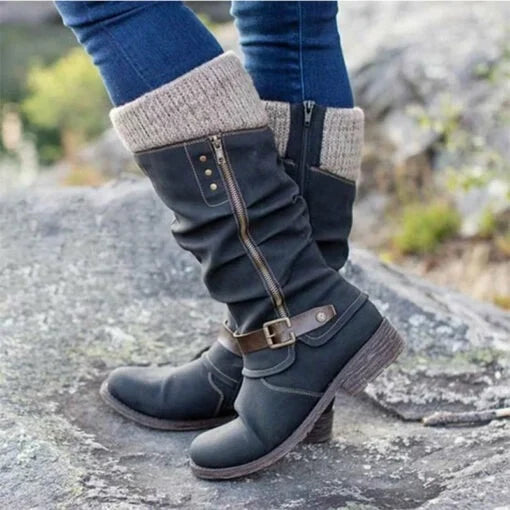 HOT SALE 45% OFF🔥Women’s Leather Flat Heel Wide Mid-Calf Zipper Boots