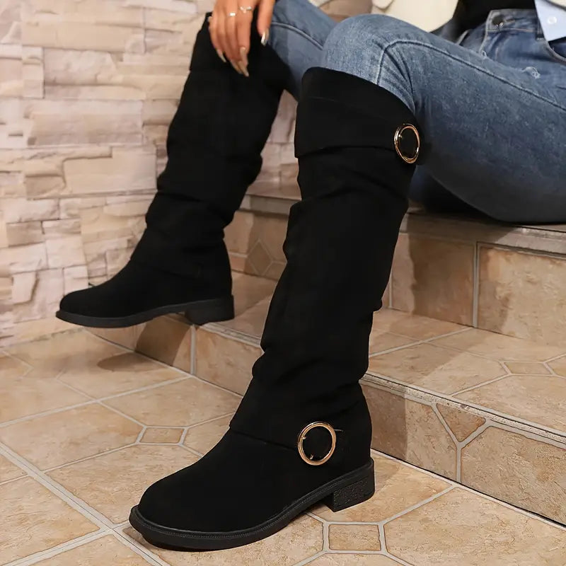 🎄Last day 49% Off❤️ Women's Solid Color Trendy Boots, Buckle Belt Pull On Chunky Heel High Knee Boots, Winter Round Toe Slouchy Boots