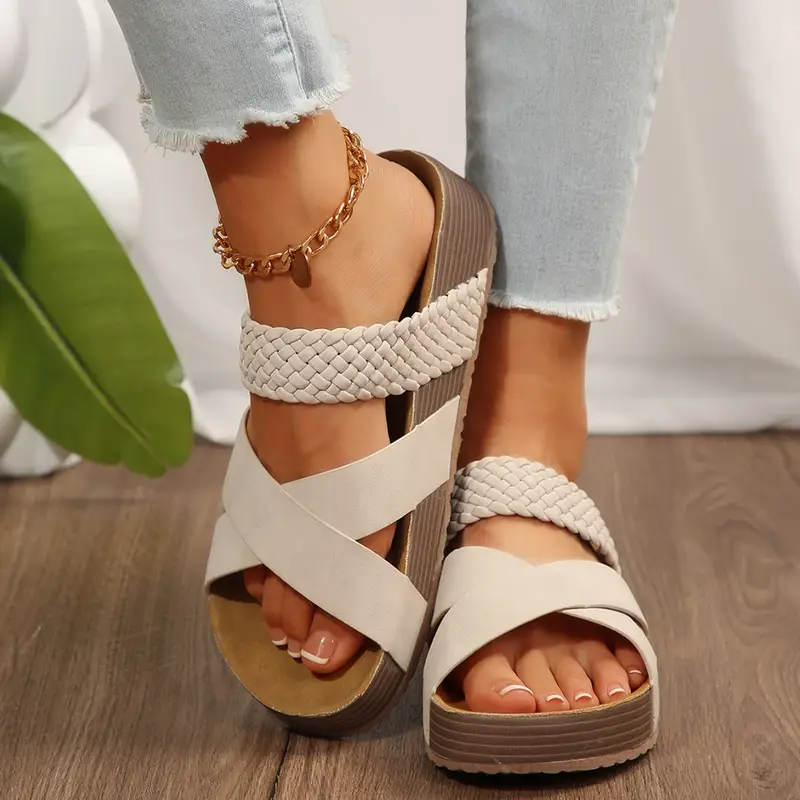Women Orthopedic Sandals Thick Bottom Braided Cross Casual Solid Color Slippers Beach Sandals