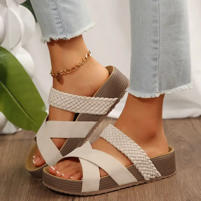 Women Orthopedic Sandals Thick Bottom Braided Cross Casual Solid Color Slippers Beach Sandals