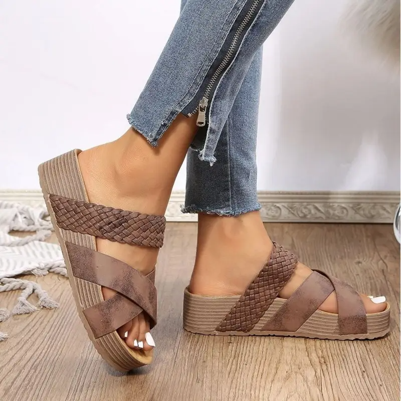 Women Orthopedic Sandals Thick Bottom Braided Cross Casual Solid Color Slippers Beach Sandals