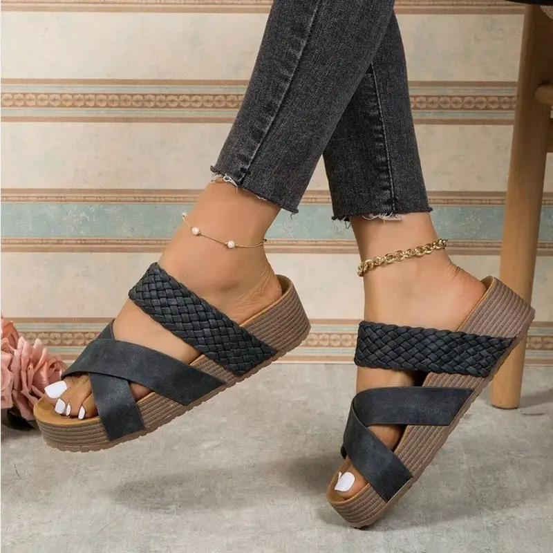 Women Orthopedic Sandals Thick Bottom Braided Cross Casual Solid Color Slippers Beach Sandals