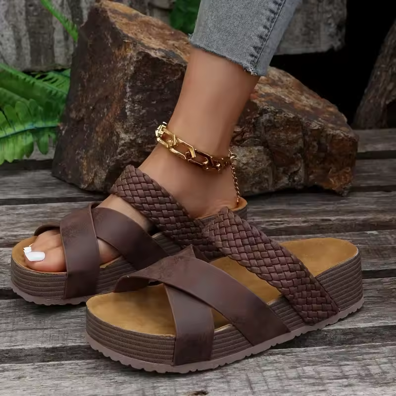 Women Orthopedic Sandals Thick Bottom Braided Cross Casual Solid Color Slippers Beach Sandals