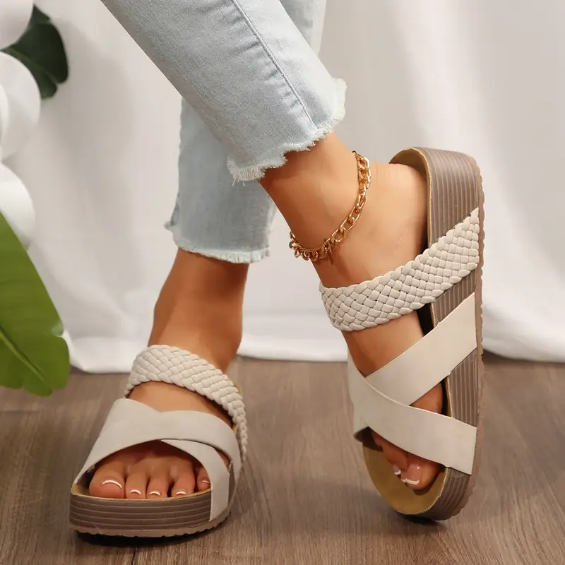 Women Orthopedic Sandals Thick Bottom Braided Cross Casual Solid Color Slippers Beach Sandals