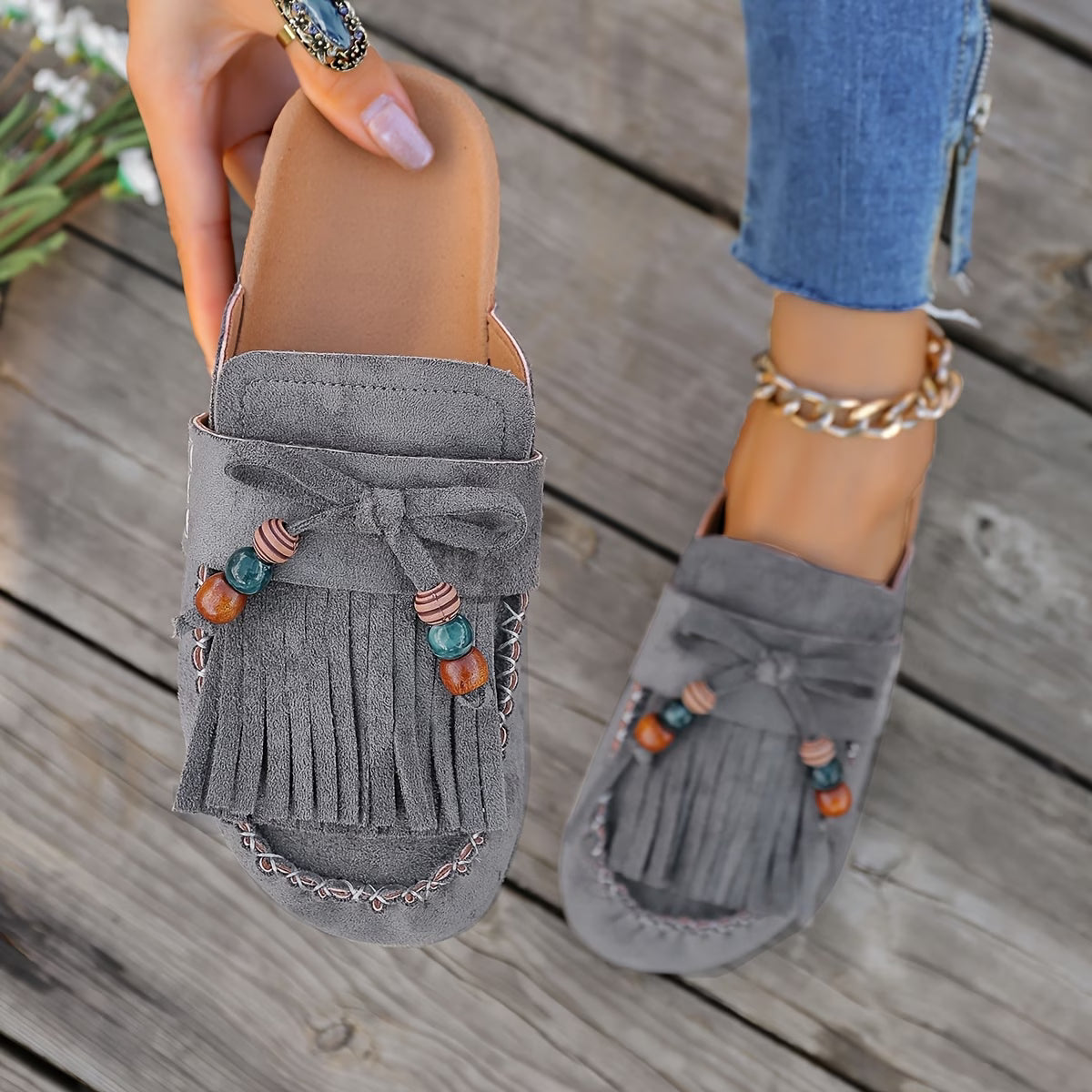 Bohemian Style Women's Slip-on Shoes, Wedge Heel Thick Soled Sandals