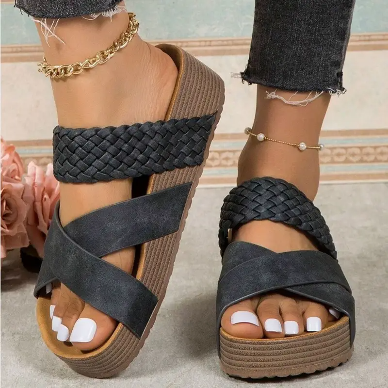 Women Orthopedic Sandals Thick Bottom Braided Cross Casual Solid Color Slippers Beach Sandals