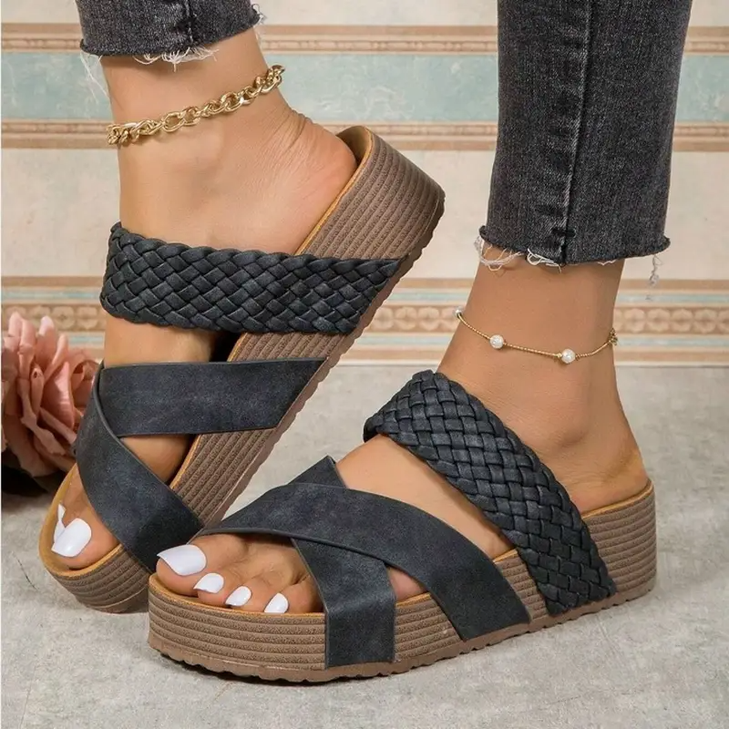 Women Orthopedic Sandals Thick Bottom Braided Cross Casual Solid Color Slippers Beach Sandals